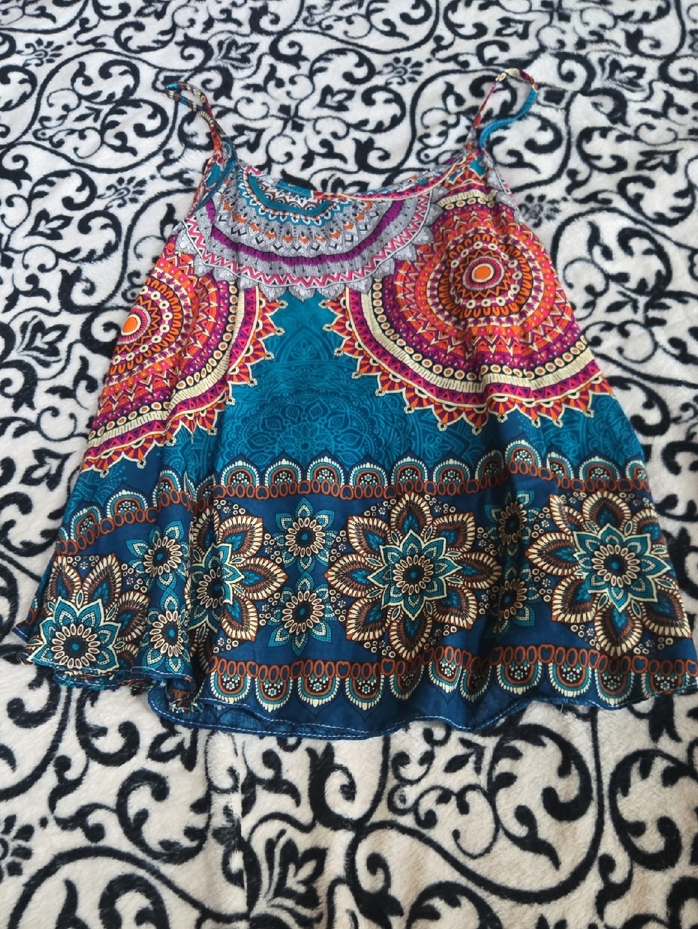 Women's Teal Multicolor Printed Spaghetti Strap Tank Top